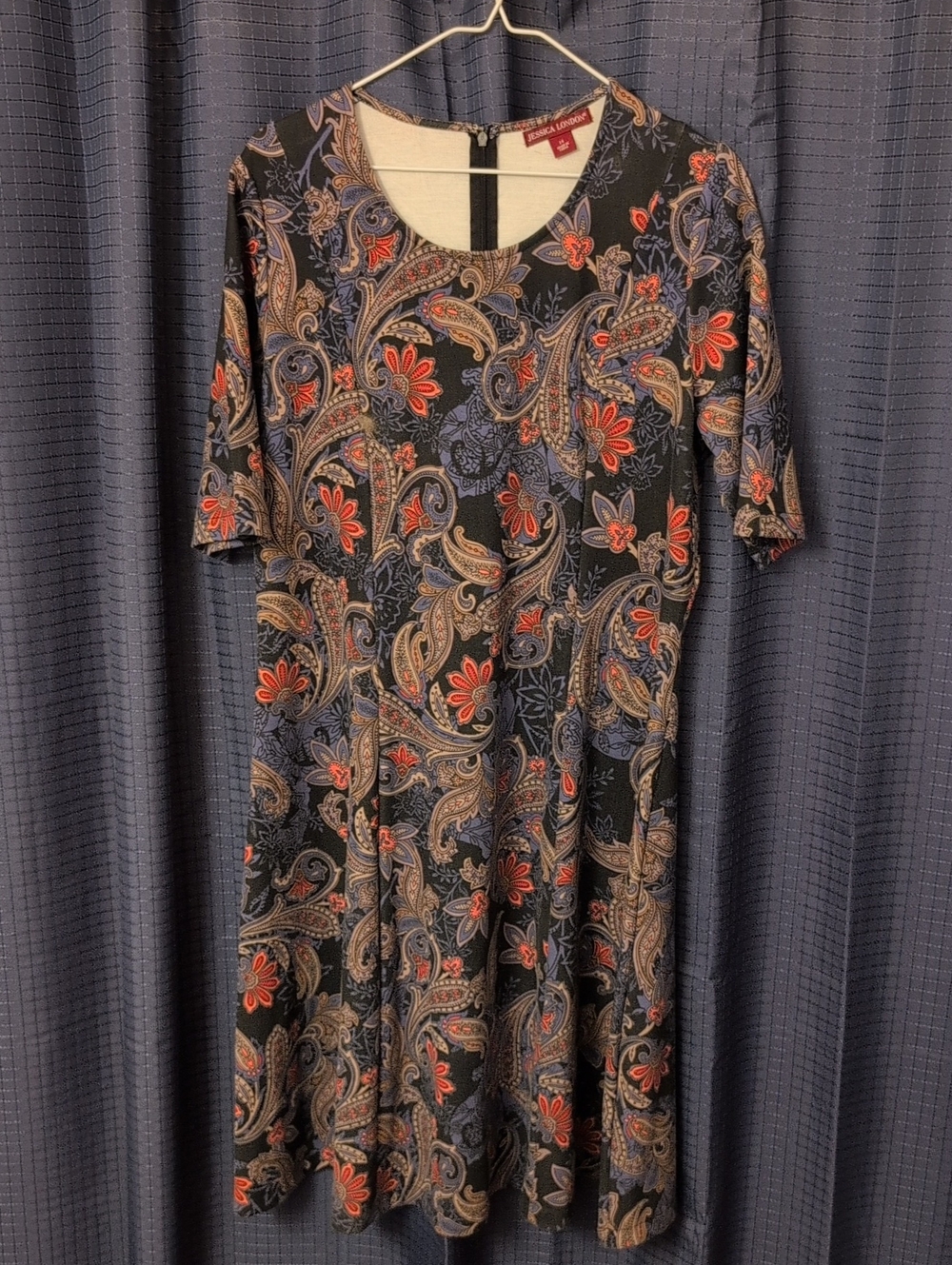 Jessica London Black Paisley Midi Dress with Red and Blue Floral Accents